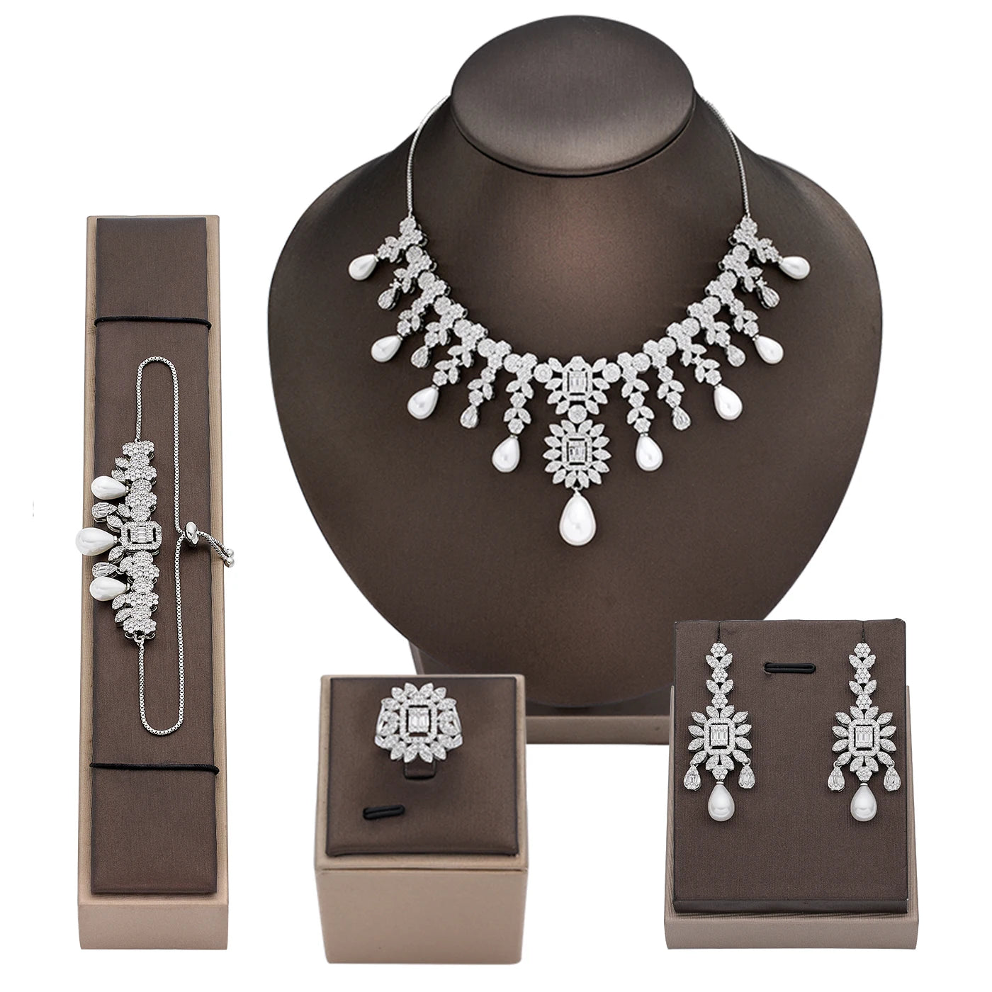 Elegant Pearls CZ Zirconia Bridal Jewelry Set For Women 4PCS Adjustale Chain 2024 Bride Wedding Party Jewellery
