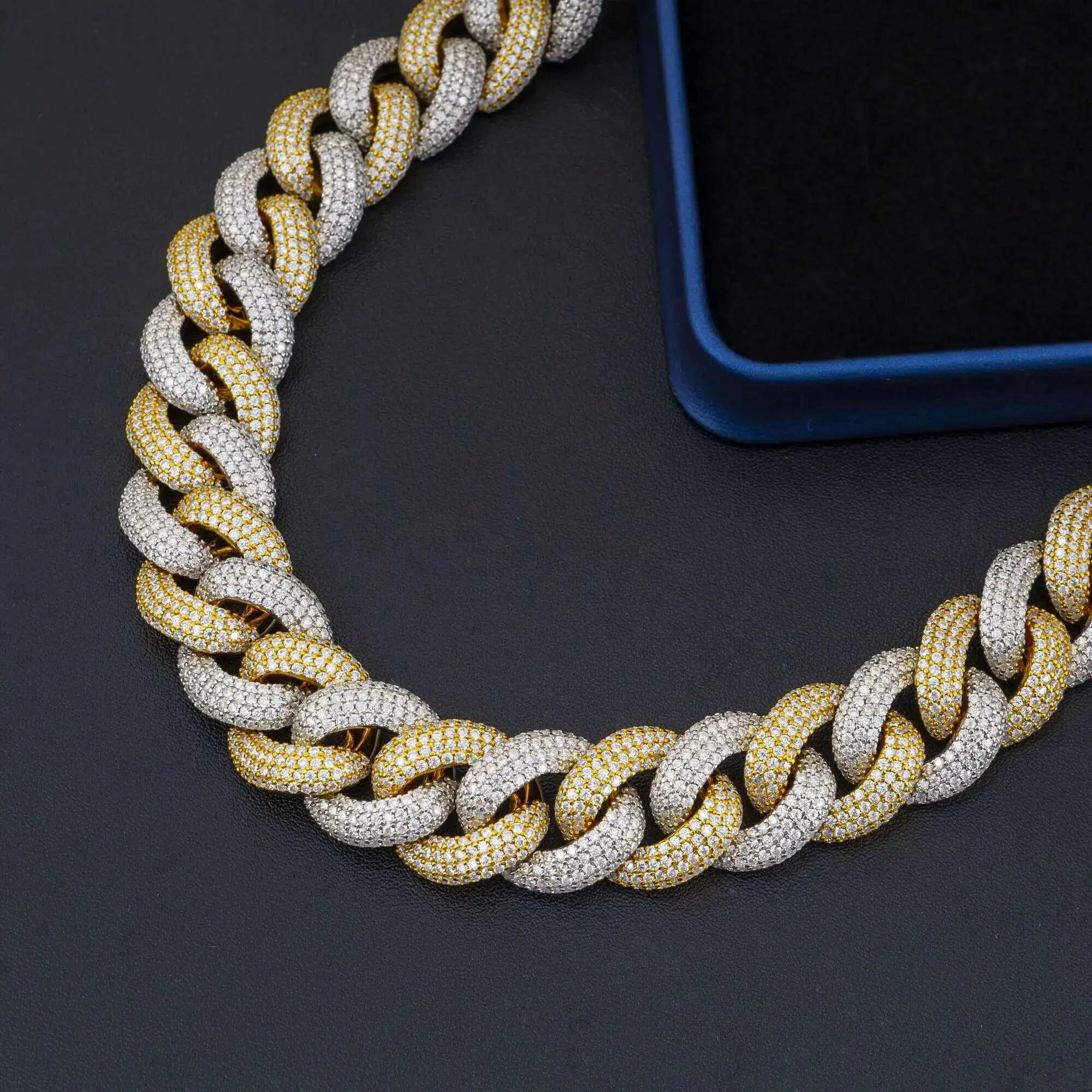S925 Silver Gold Plated Hip Hop Style Two Tones Cuban Link Chain High Quality Pass Diamond Test Moissanite Cuban Necklace