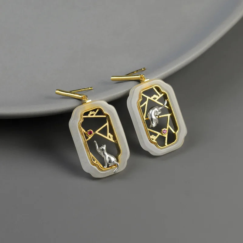 Amxiu Hidden Cat Pavilion Pure Silver 925  Garden Flower Window Cat New Chinese Elegant Fun Chinese Style Earrings