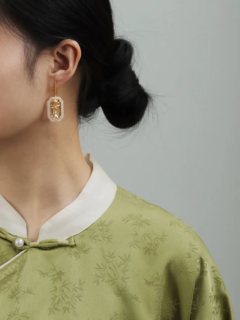 Amxiu Hidden Cat Pavilion Pure Silver 925  Garden Flower Window Cat New Chinese Elegant Fun Chinese Style Earrings