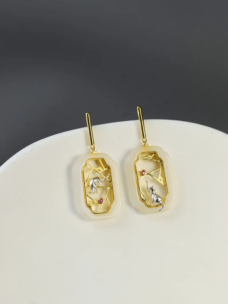 Amxiu Hidden Cat Pavilion Pure Silver 925  Garden Flower Window Cat New Chinese Elegant Fun Chinese Style Earrings