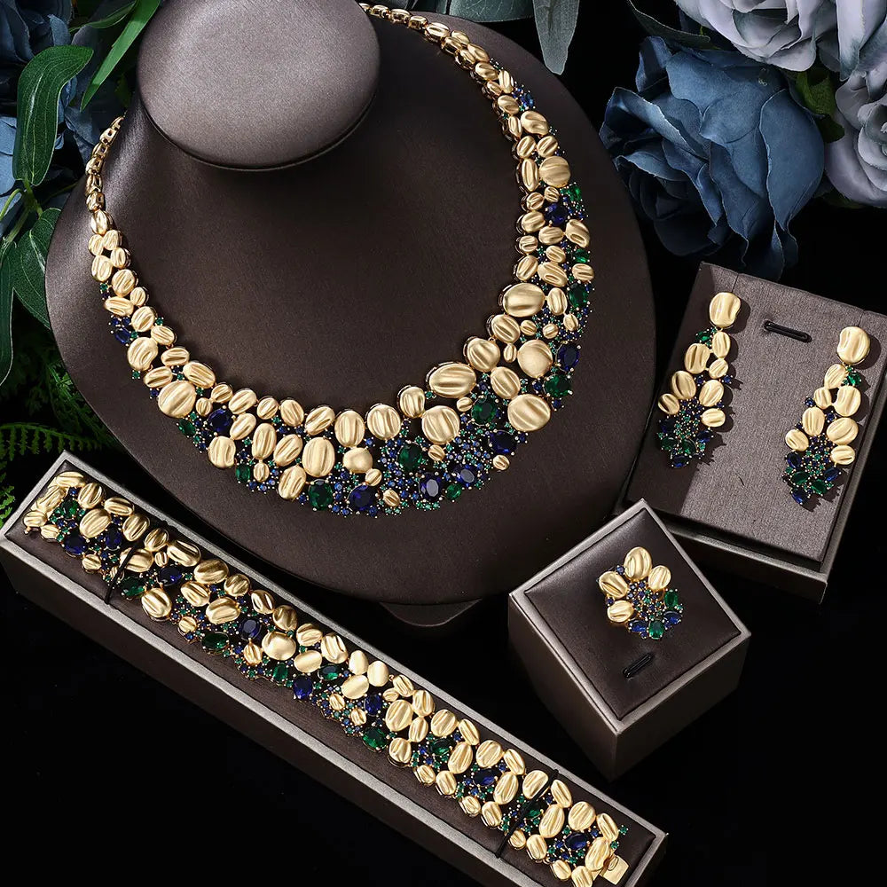 Super Luxury Pink Cubic Zirconia Wedding Bridal Jewelry Set Gold Plated Necklace and Earrings 4pcs Full Sets Bride Accessories