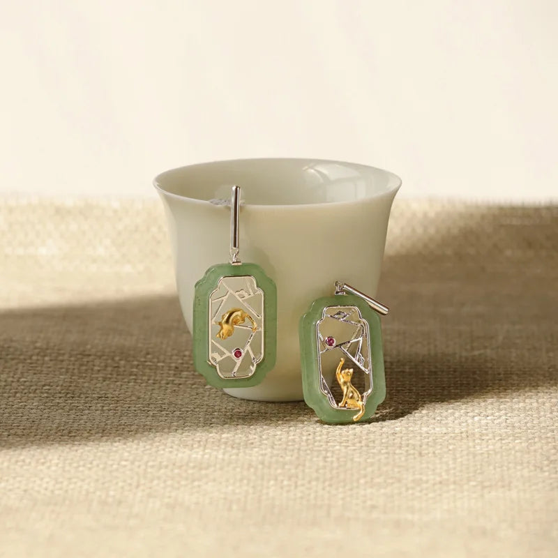 Amxiu Hidden Cat Pavilion Pure Silver 925  Garden Flower Window Cat New Chinese Elegant Fun Chinese Style Earrings