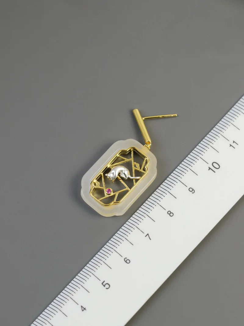 Amxiu Hidden Cat Pavilion Pure Silver 925  Garden Flower Window Cat New Chinese Elegant Fun Chinese Style Earrings