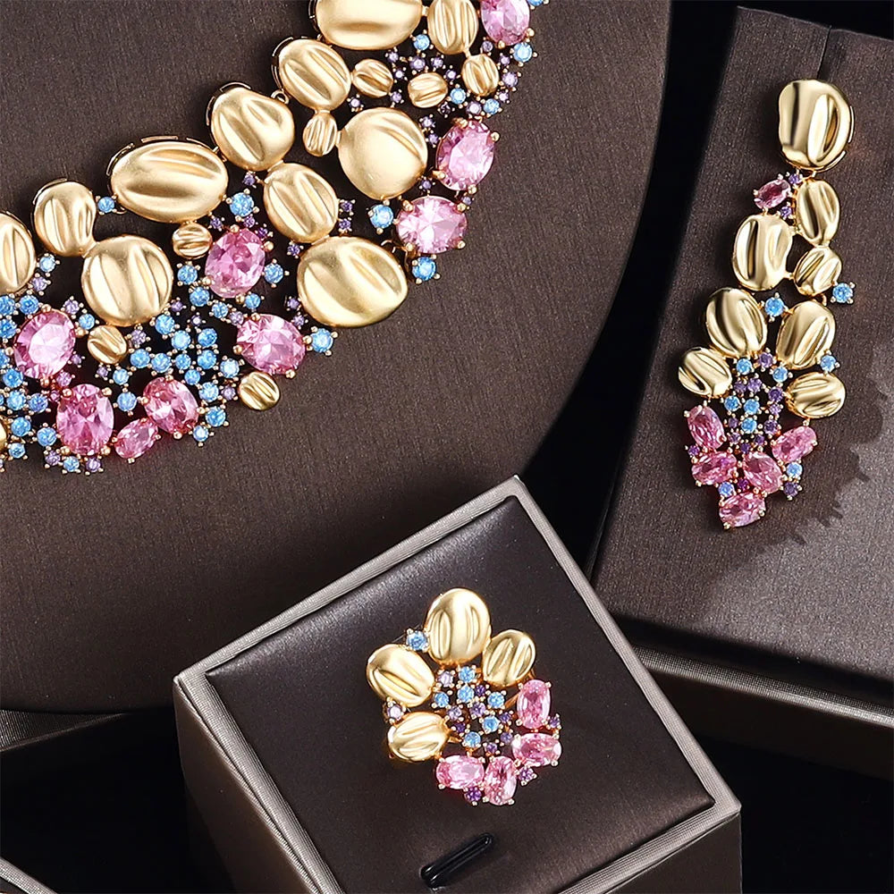 Super Luxury Pink Cubic Zirconia Wedding Bridal Jewelry Set Gold Plated Necklace and Earrings 4pcs Full Sets Bride Accessories