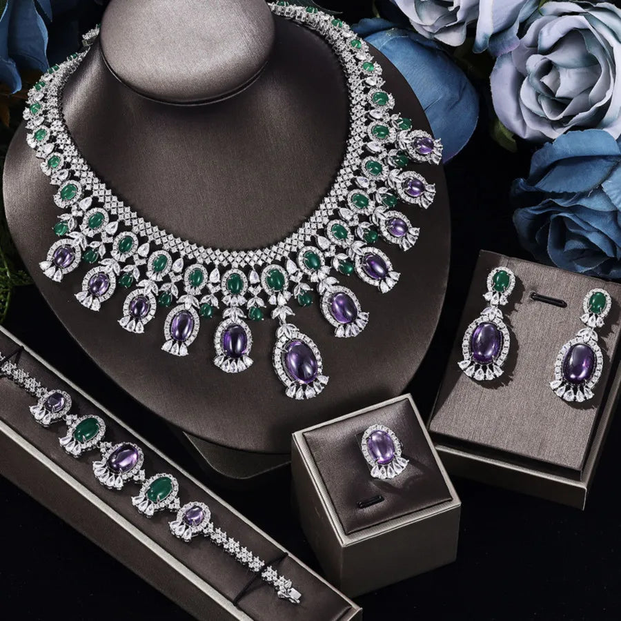 Super Luxury Crystal Zircon Jewelry Sets Purple Green Big Statement Wedding Bridal Jewelry Set for Dubai African Women Party