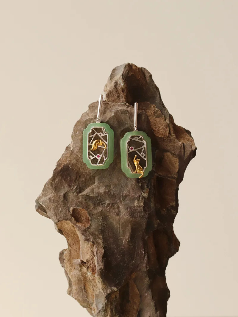 Amxiu Hidden Cat Pavilion Pure Silver 925  Garden Flower Window Cat New Chinese Elegant Fun Chinese Style Earrings