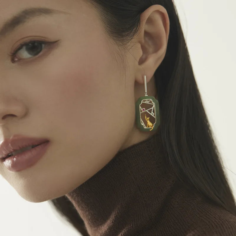 Amxiu Hidden Cat Pavilion Pure Silver 925  Garden Flower Window Cat New Chinese Elegant Fun Chinese Style Earrings