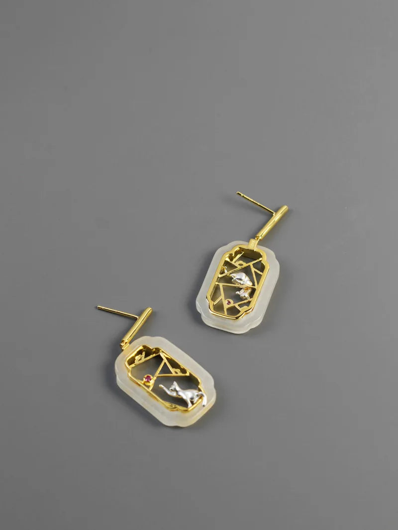 Amxiu Hidden Cat Pavilion Pure Silver 925  Garden Flower Window Cat New Chinese Elegant Fun Chinese Style Earrings
