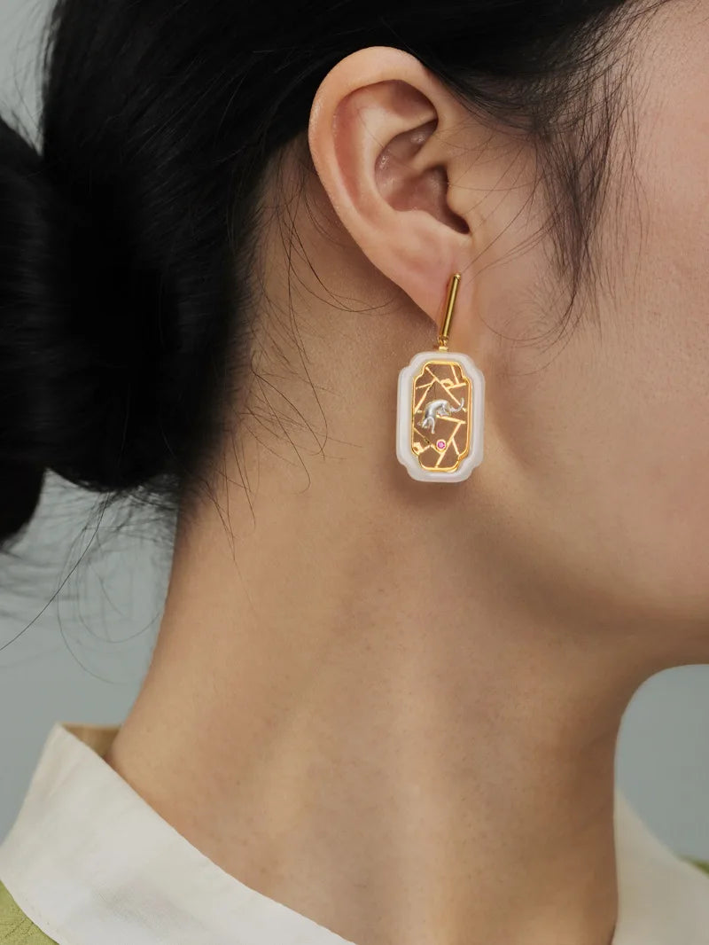 Amxiu Hidden Cat Pavilion Pure Silver 925  Garden Flower Window Cat New Chinese Elegant Fun Chinese Style Earrings