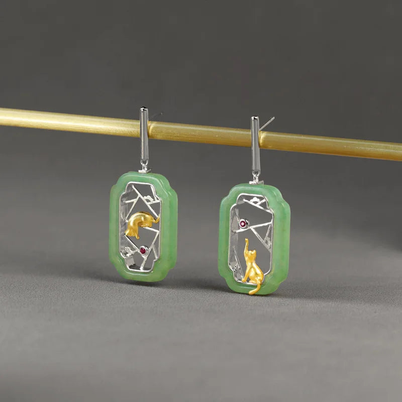 Amxiu Hidden Cat Pavilion Pure Silver 925  Garden Flower Window Cat New Chinese Elegant Fun Chinese Style Earrings