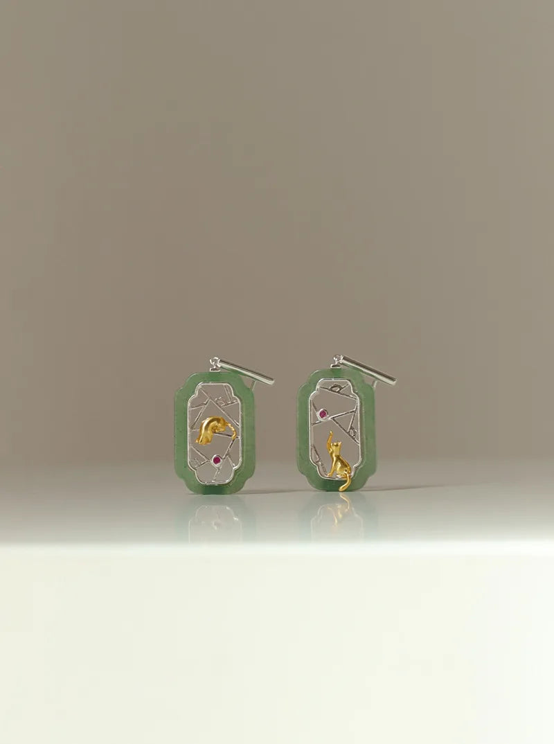 Amxiu Hidden Cat Pavilion Pure Silver 925  Garden Flower Window Cat New Chinese Elegant Fun Chinese Style Earrings