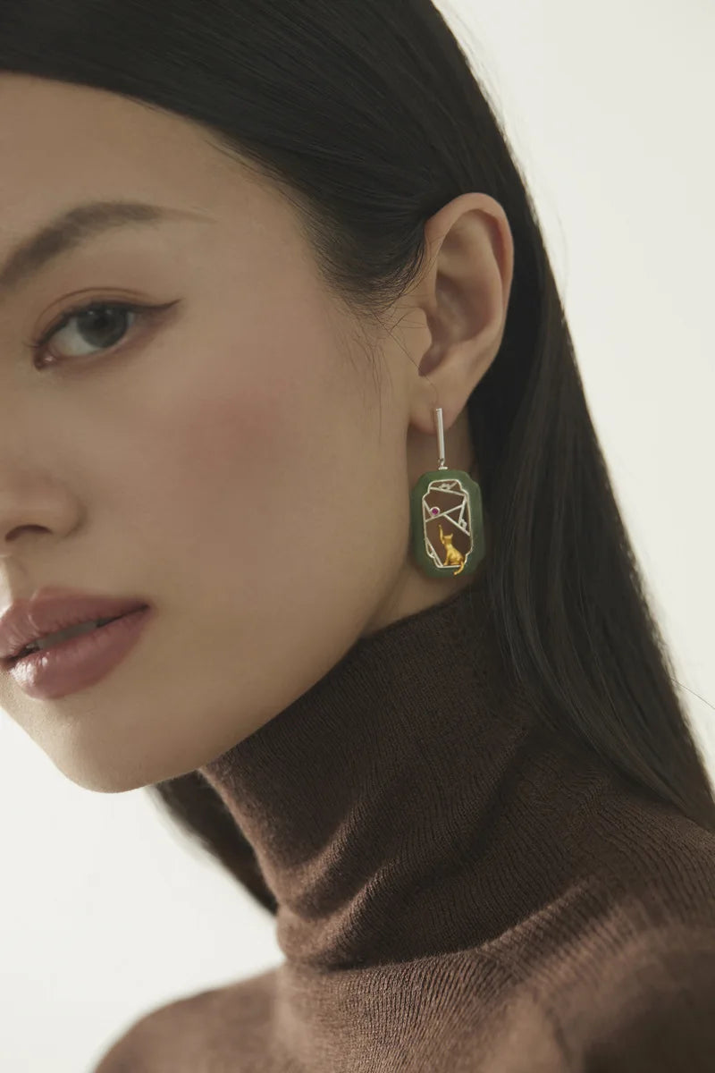 Amxiu Hidden Cat Pavilion Pure Silver 925  Garden Flower Window Cat New Chinese Elegant Fun Chinese Style Earrings