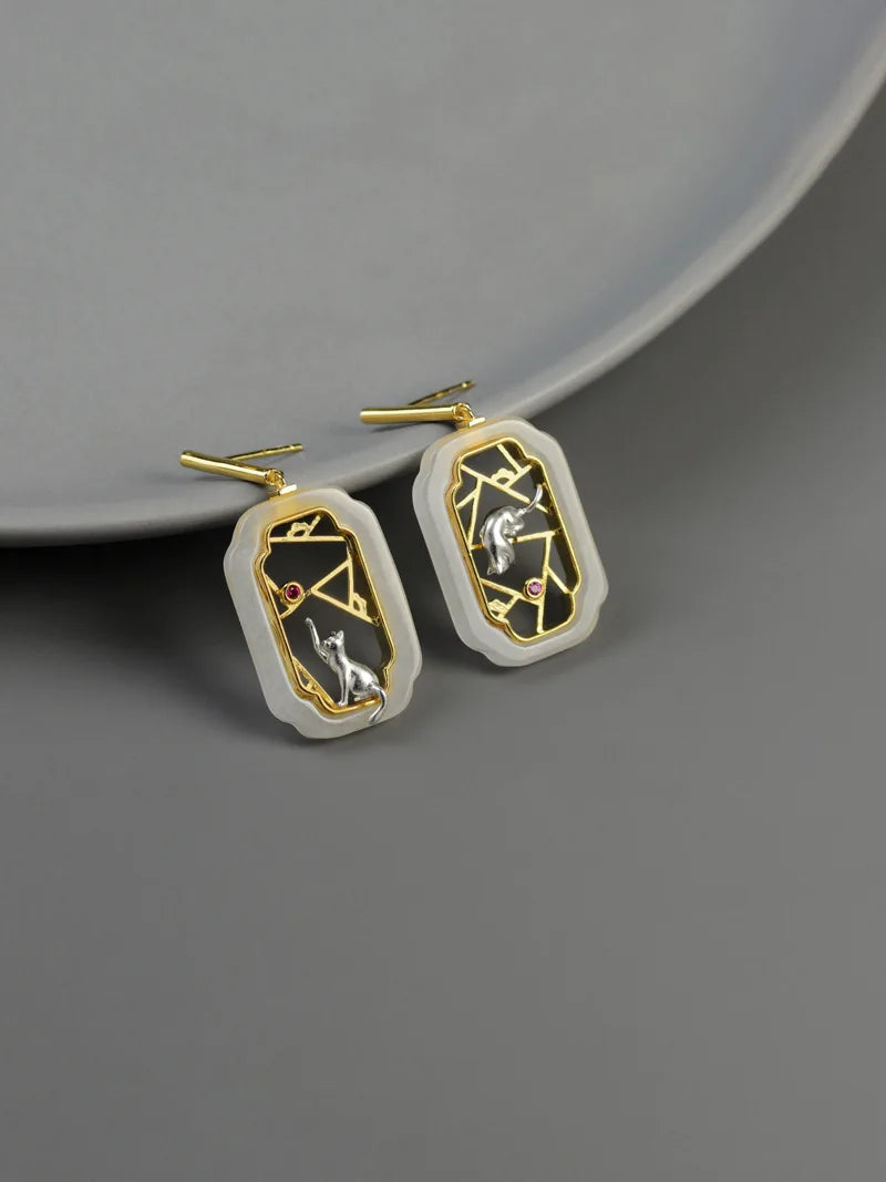 Amxiu Hidden Cat Pavilion Pure Silver 925  Garden Flower Window Cat New Chinese Elegant Fun Chinese Style Earrings