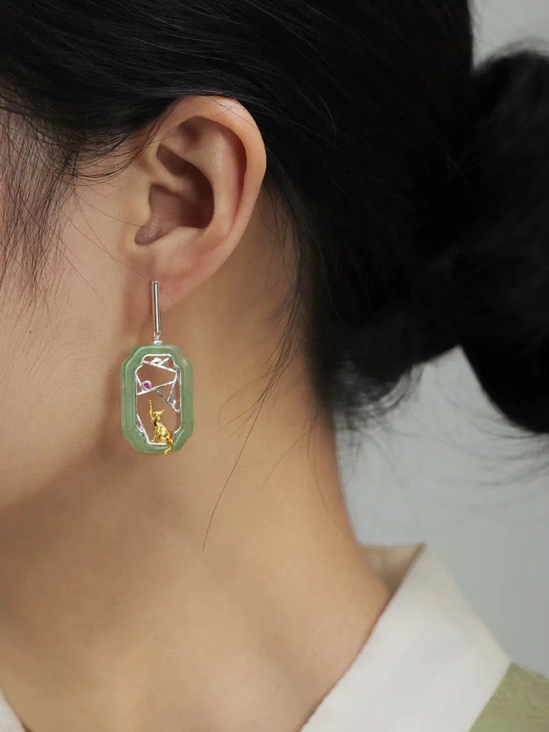 Amxiu Hidden Cat Pavilion Pure Silver 925  Garden Flower Window Cat New Chinese Elegant Fun Chinese Style Earrings