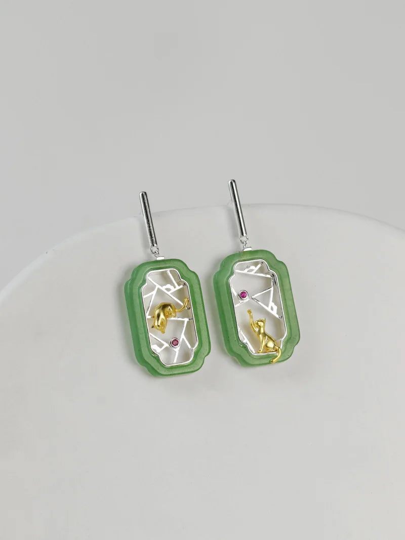 Amxiu Hidden Cat Pavilion Pure Silver 925  Garden Flower Window Cat New Chinese Elegant Fun Chinese Style Earrings