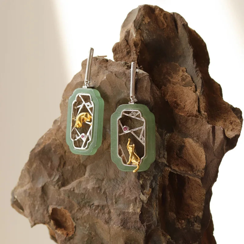 Amxiu Hidden Cat Pavilion Pure Silver 925  Garden Flower Window Cat New Chinese Elegant Fun Chinese Style Earrings