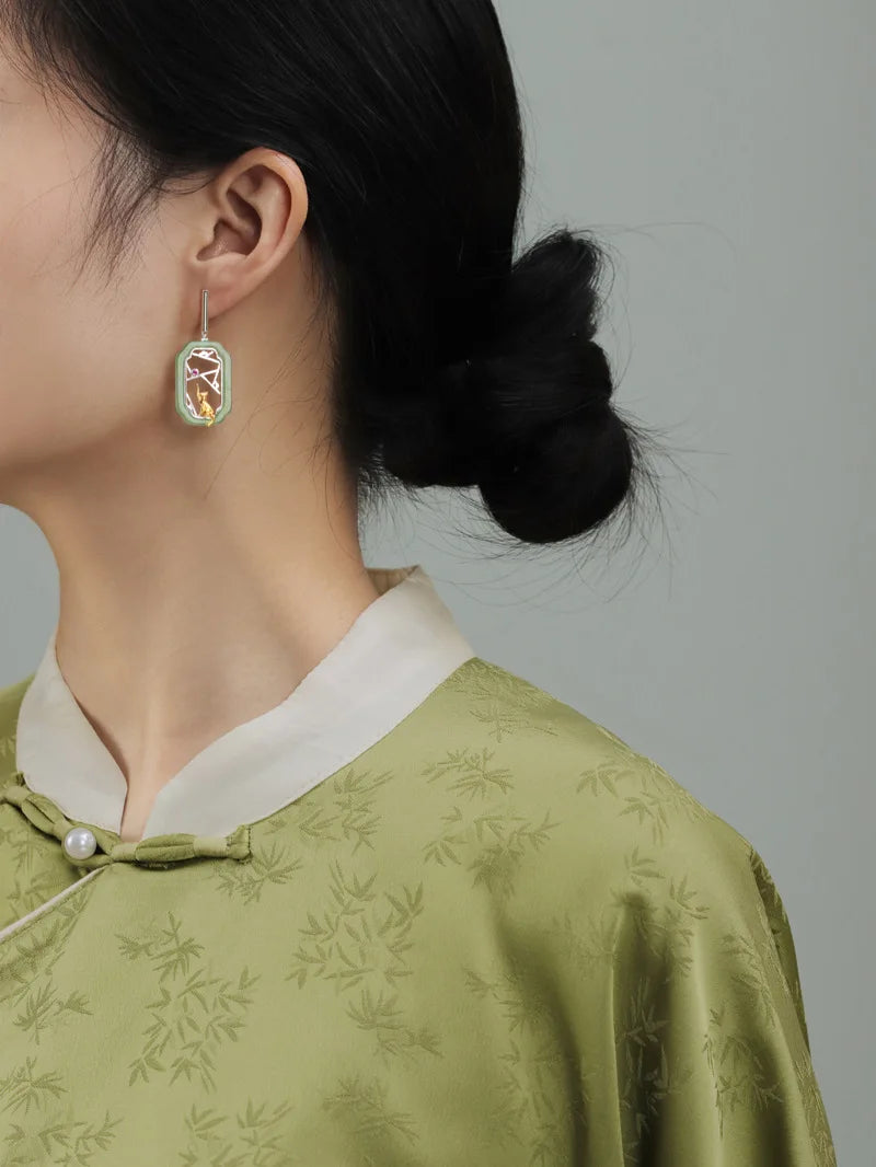 Amxiu Hidden Cat Pavilion Pure Silver 925  Garden Flower Window Cat New Chinese Elegant Fun Chinese Style Earrings