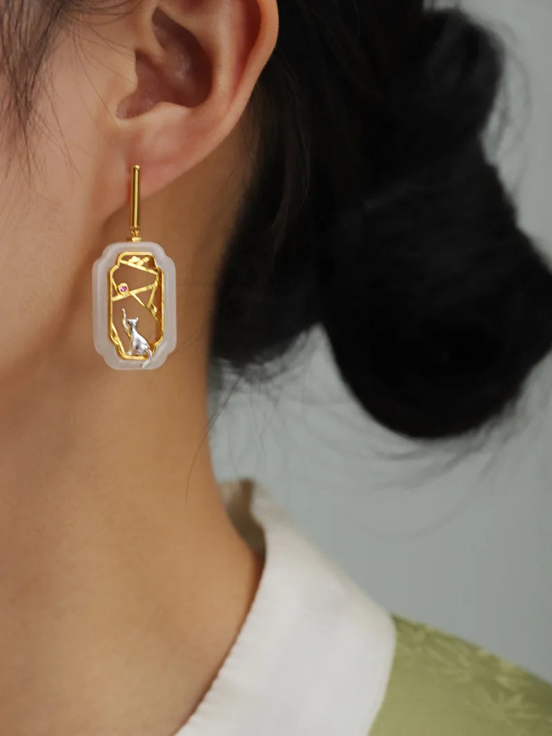 Amxiu Hidden Cat Pavilion Pure Silver 925  Garden Flower Window Cat New Chinese Elegant Fun Chinese Style Earrings