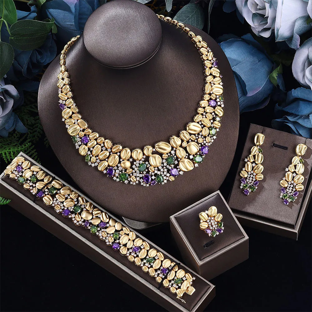 Super Luxury Pink Cubic Zirconia Wedding Bridal Jewelry Set Gold Plated Necklace and Earrings 4pcs Full Sets Bride Accessories