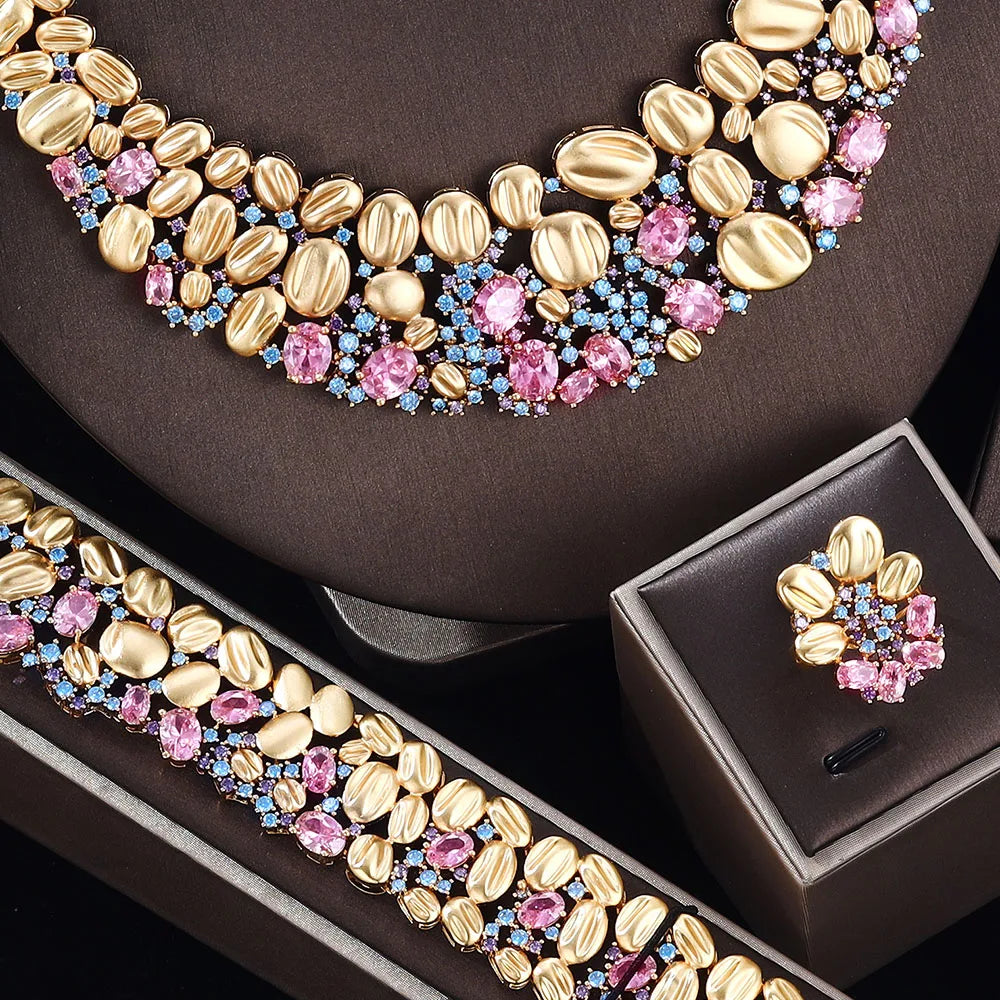 Super Luxury Pink Cubic Zirconia Wedding Bridal Jewelry Set Gold Plated Necklace and Earrings 4pcs Full Sets Bride Accessories
