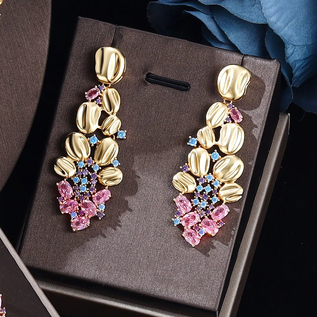 Super Luxury Pink Cubic Zirconia Wedding Bridal Jewelry Set Gold Plated Necklace and Earrings 4pcs Full Sets Bride Accessories