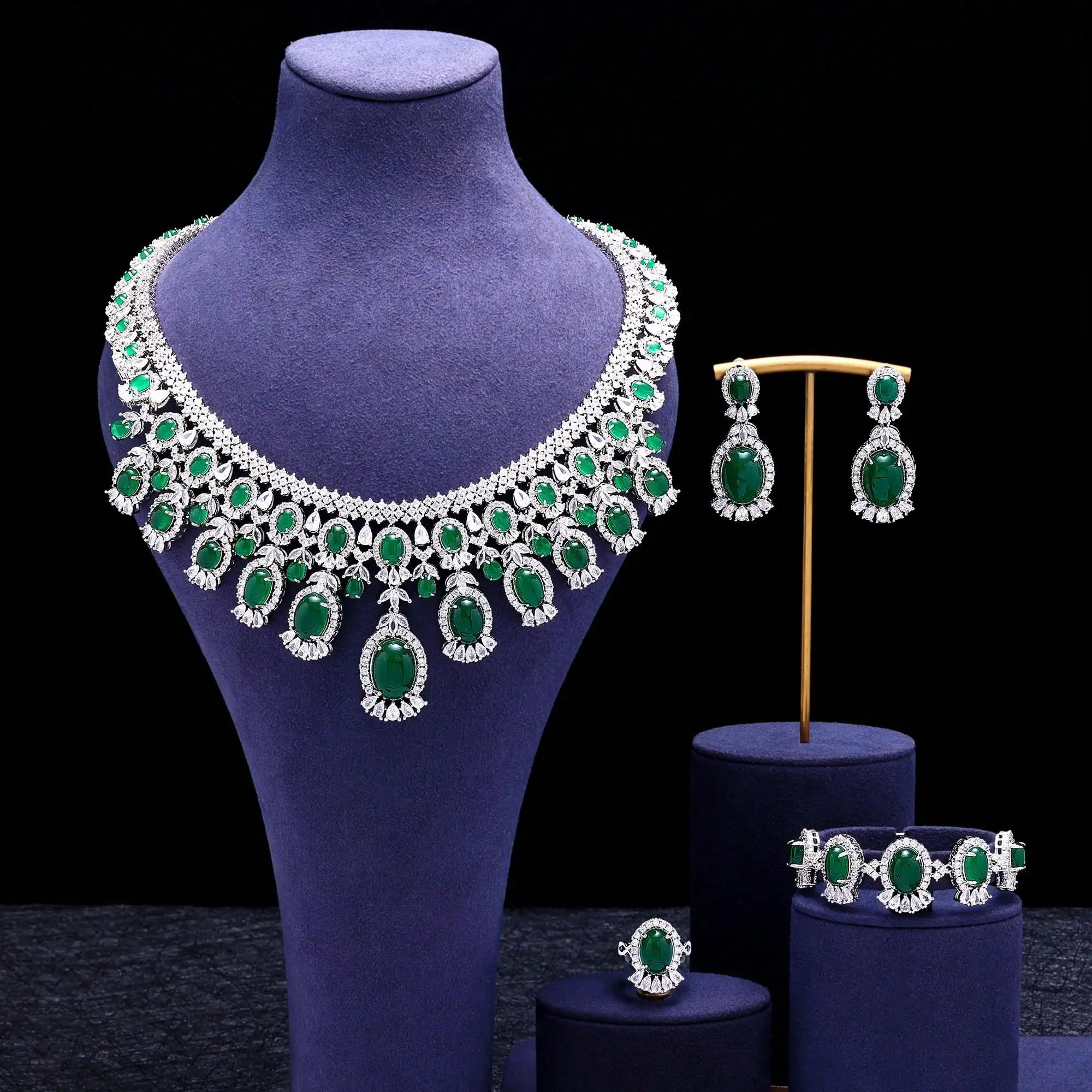 Super Luxury Crystal Zircon Jewelry Sets Purple Green Big Statement Wedding Bridal Jewelry Set for Dubai African Women Party