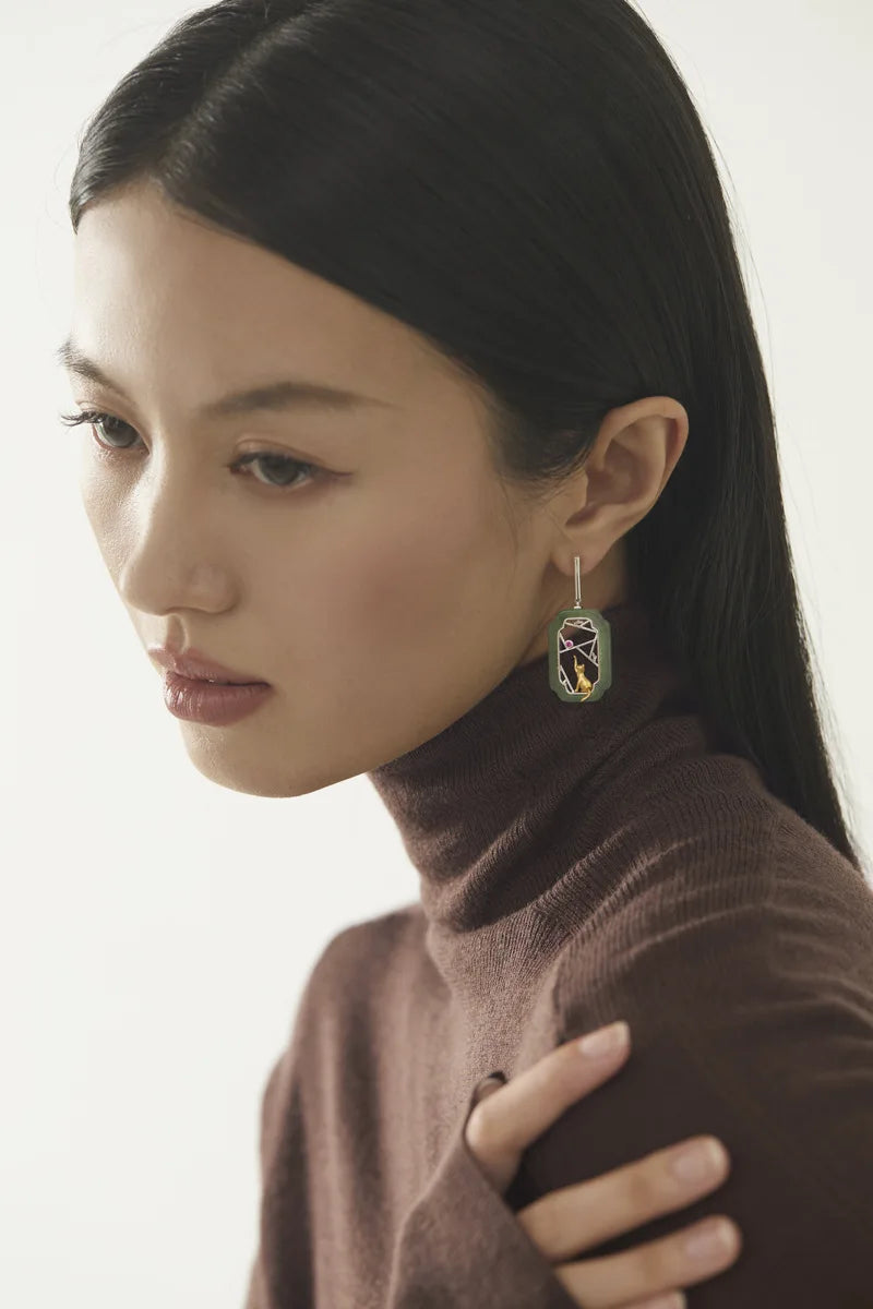 Amxiu Hidden Cat Pavilion Pure Silver 925  Garden Flower Window Cat New Chinese Elegant Fun Chinese Style Earrings