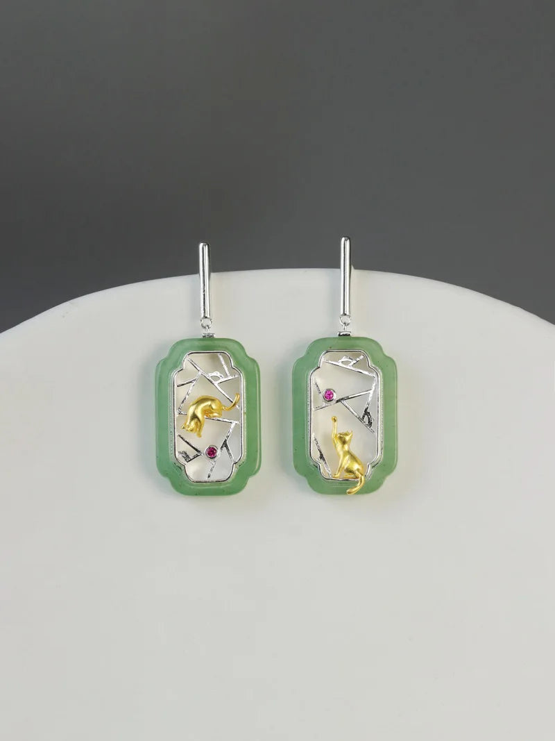 Amxiu Hidden Cat Pavilion Pure Silver 925  Garden Flower Window Cat New Chinese Elegant Fun Chinese Style Earrings