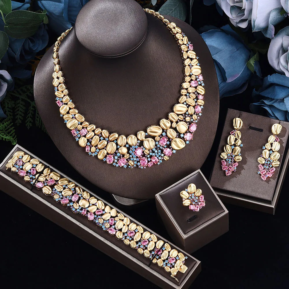 Super Luxury Pink Cubic Zirconia Wedding Bridal Jewelry Set Gold Plated Necklace and Earrings 4pcs Full Sets Bride Accessories