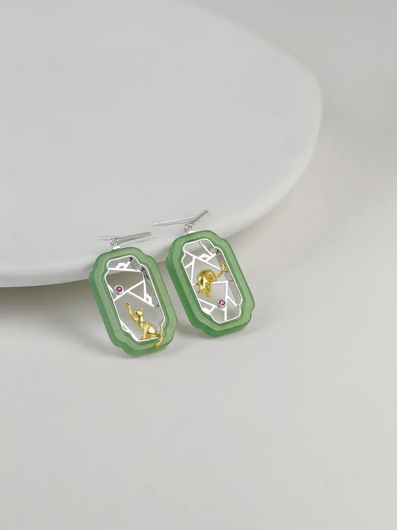 Amxiu Hidden Cat Pavilion Pure Silver 925  Garden Flower Window Cat New Chinese Elegant Fun Chinese Style Earrings