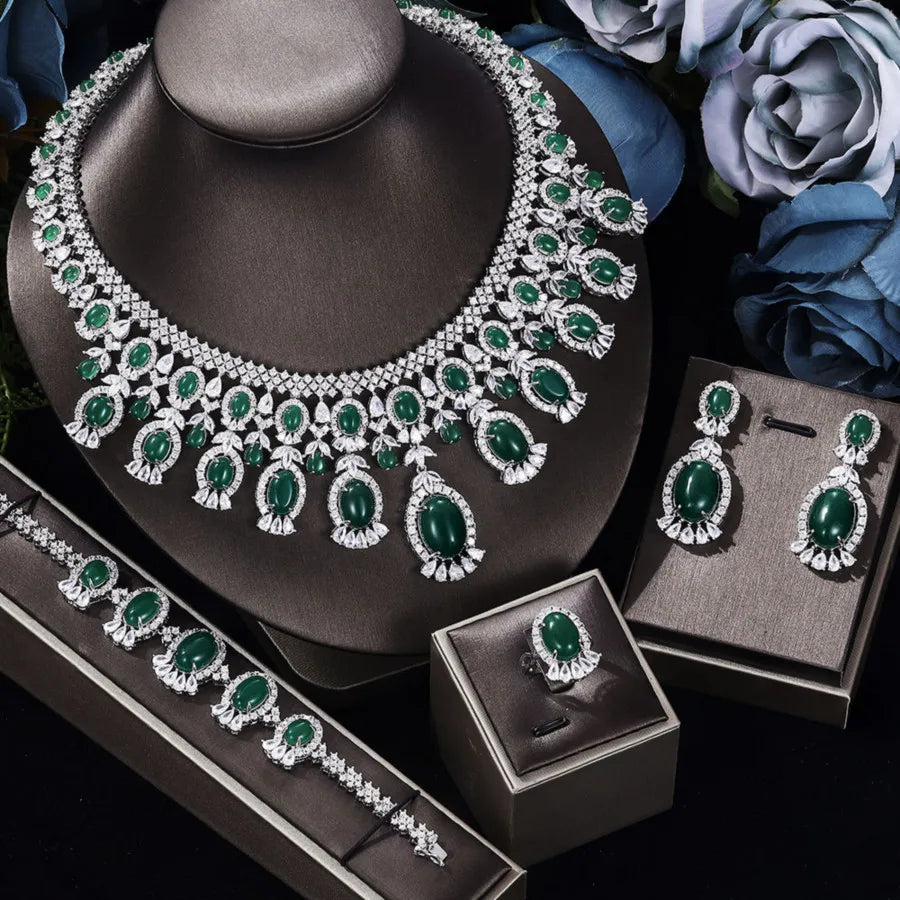 Super Luxury Crystal Zircon Jewelry Sets Purple Green Big Statement Wedding Bridal Jewelry Set for Dubai African Women Party