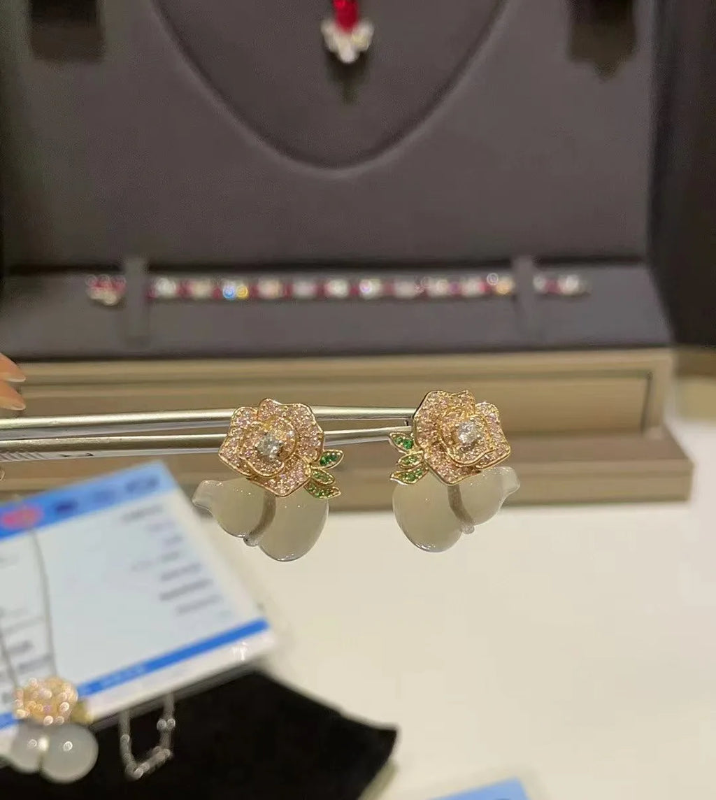 2024 women Natural white chalcedony pink diamond rose earrings S925 sterling silver inlaid high carbon diamond stud earrings