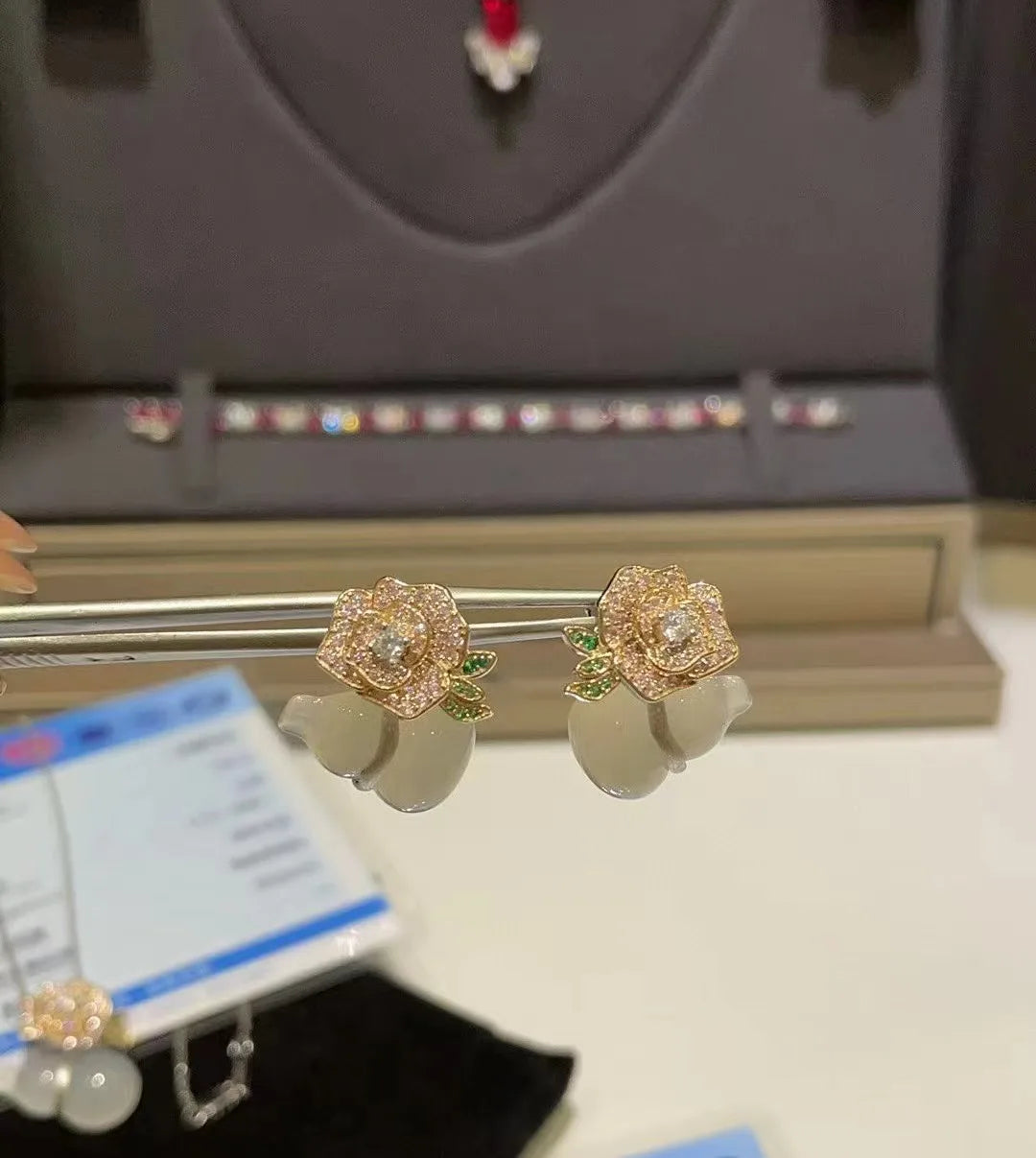 2024 women Natural white chalcedony pink diamond rose earrings S925 sterling silver inlaid high carbon diamond stud earrings