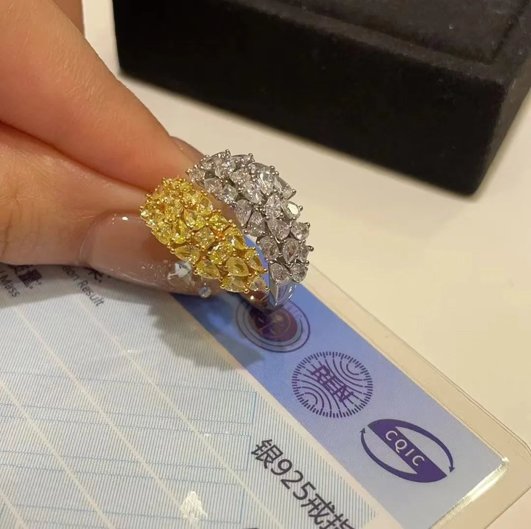 2024 Women's top quality sterling silver gold plated high-carbon yellow diamond and white rock sugar ring