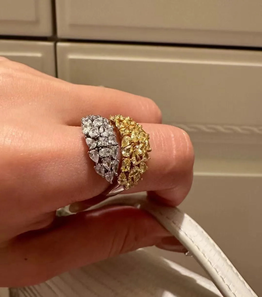 2024 Women's top quality sterling silver gold plated high-carbon yellow diamond and white rock sugar ring