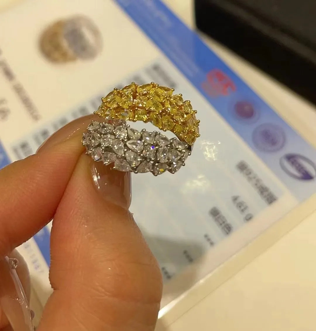 2024 Women's top quality sterling silver gold plated high-carbon yellow diamond and white rock sugar ring