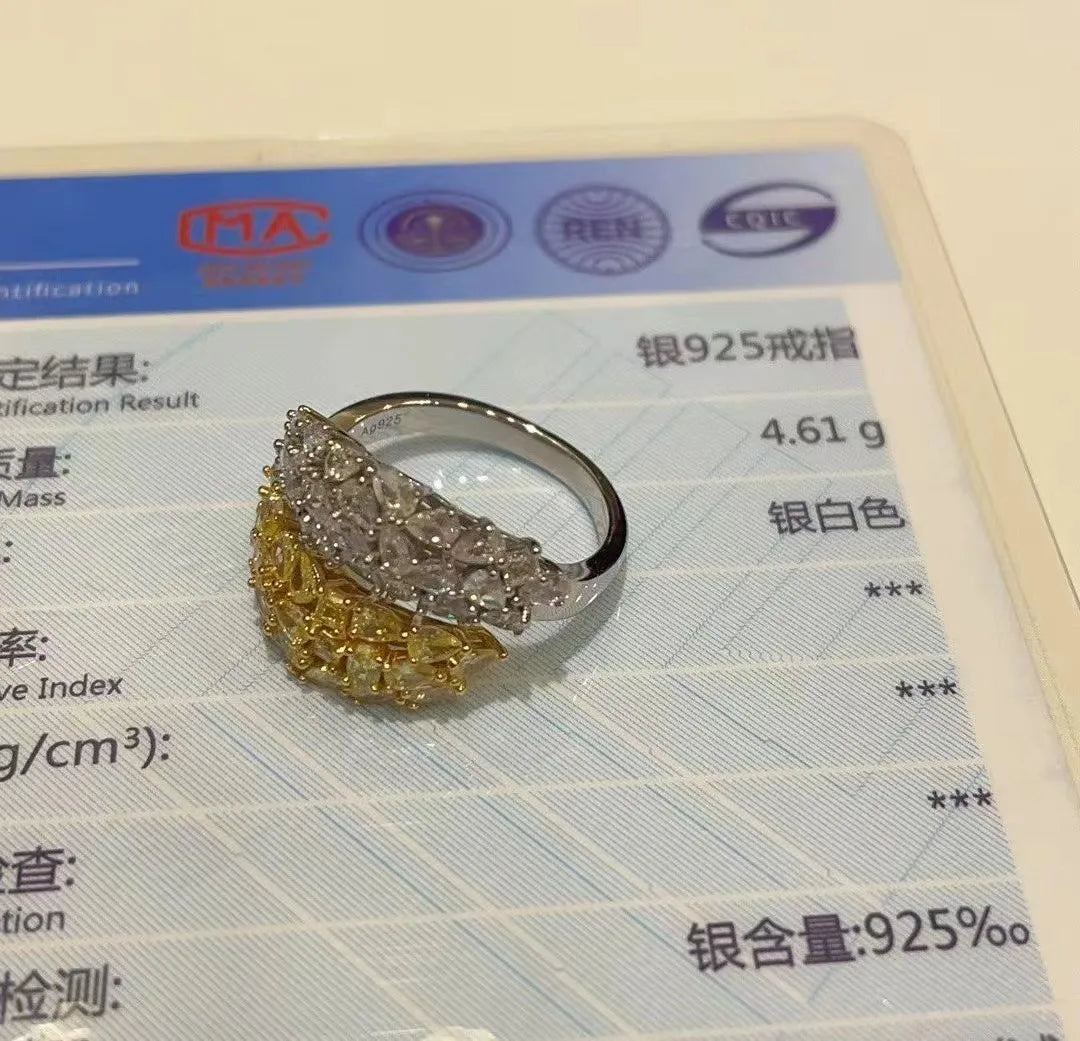 2024 Women's top quality sterling silver gold plated high-carbon yellow diamond and white rock sugar ring
