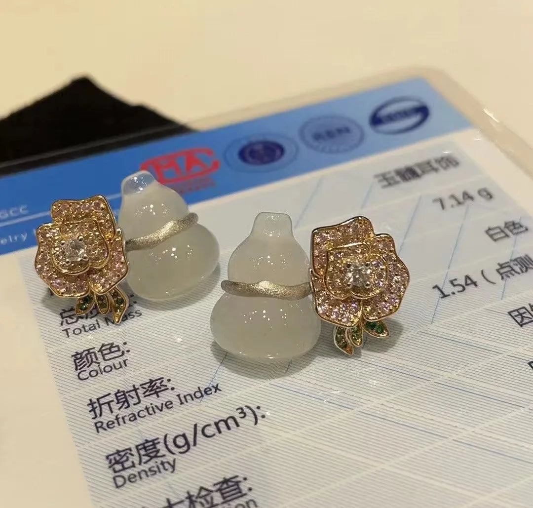 2024 women Natural white chalcedony pink diamond rose earrings S925 sterling silver inlaid high carbon diamond stud earrings