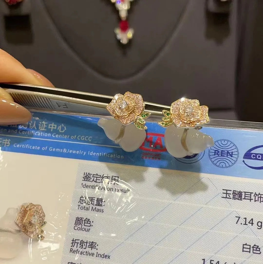 2024 women Natural white chalcedony pink diamond rose earrings S925 sterling silver inlaid high carbon diamond stud earrings