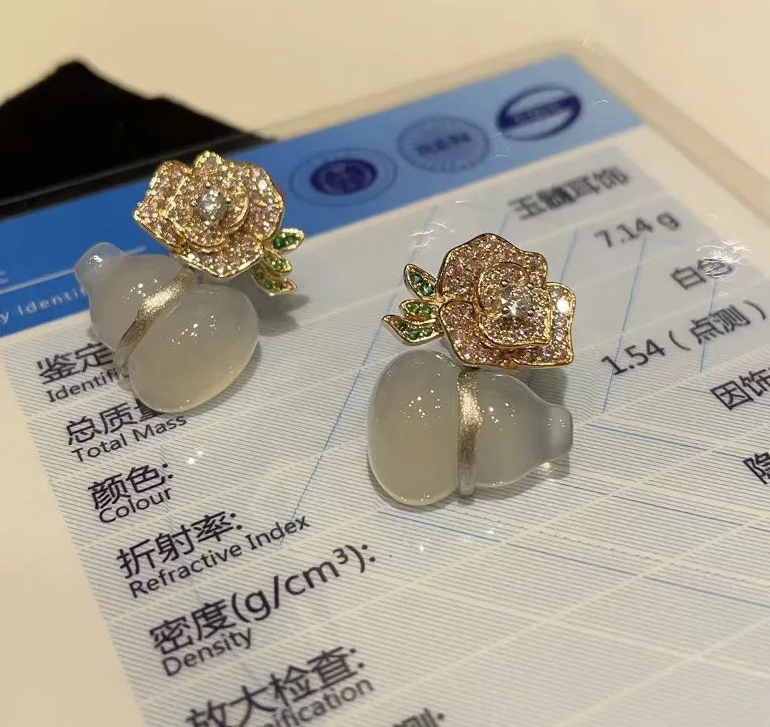 2024 women Natural white chalcedony pink diamond rose earrings S925 sterling silver inlaid high carbon diamond stud earrings