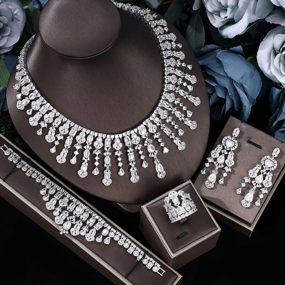 2025 new girls jewelry set silver plated bride necklace earrings set wedding party, suitable for any occasion