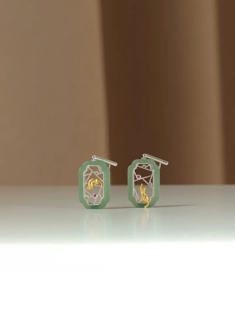 Amxiu Hidden Cat Pavilion Pure Silver 925  Garden Flower Window Cat New Chinese Elegant Fun Chinese Style Earrings