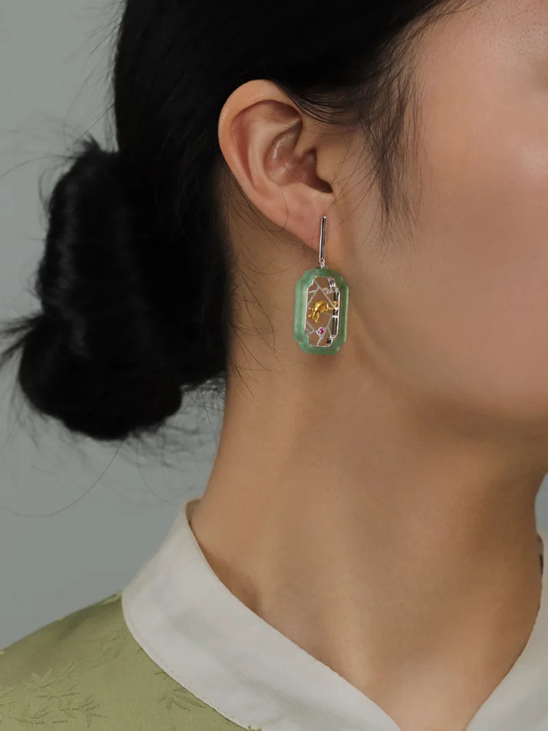 Amxiu Hidden Cat Pavilion Pure Silver 925  Garden Flower Window Cat New Chinese Elegant Fun Chinese Style Earrings